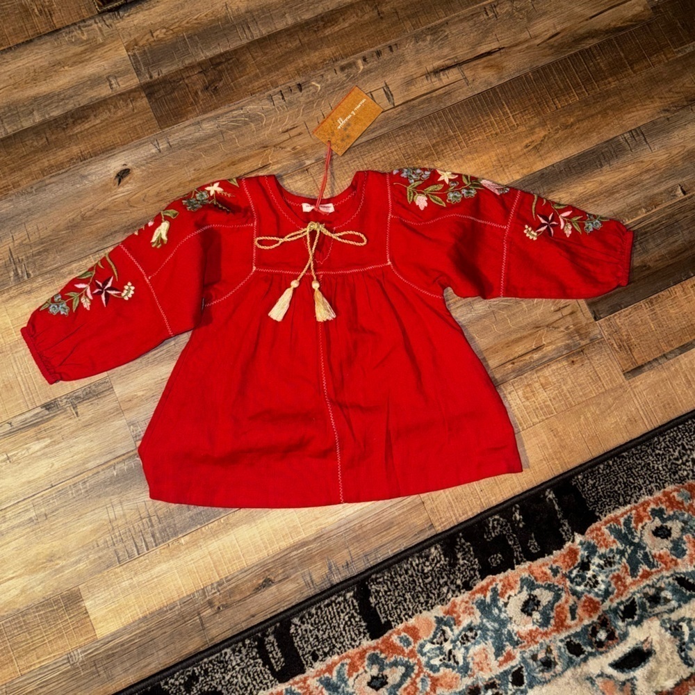 Mimi & Maggie Red Tassel Tie Boho Floral Embroidered Long Sleeve Blouse NEW 6